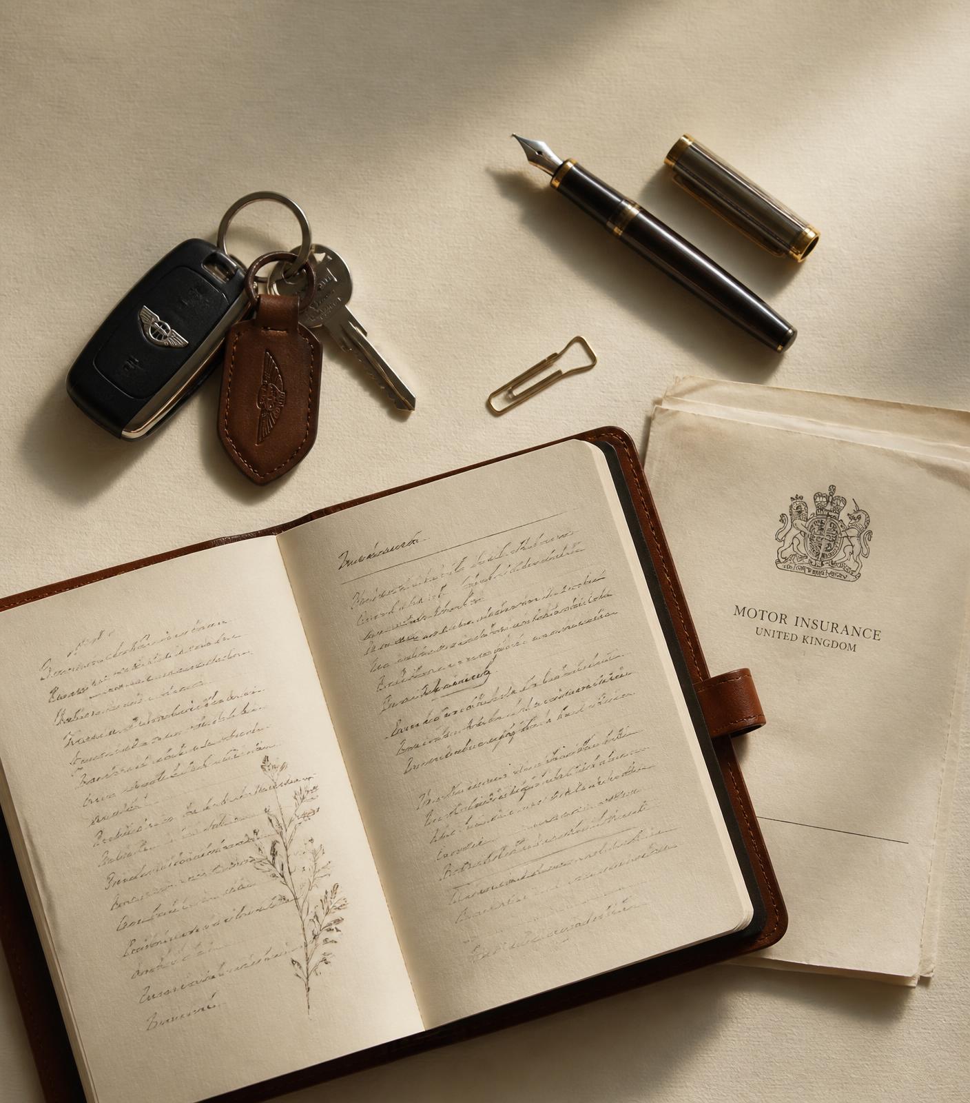 Overhead photograph of car keys, a fountain pen, an open leather notebook and a UK motor insurance document